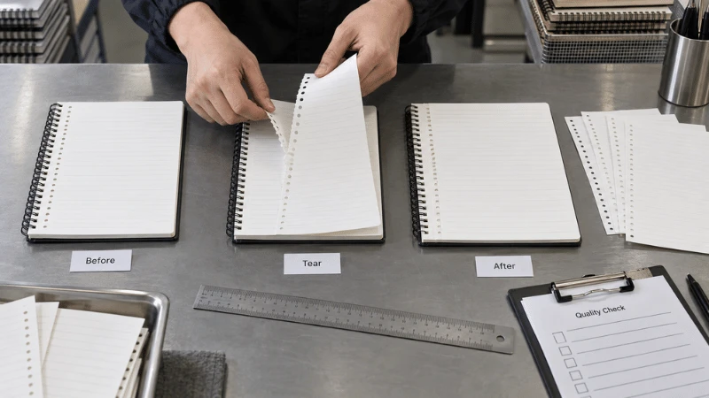 Physical notebook proof workflow comparing intact, torn-out and repeatedly removed perforated pages. Physical notebook proof workflow comparing intact, torn-out and repeatedly removed perforated pages.
