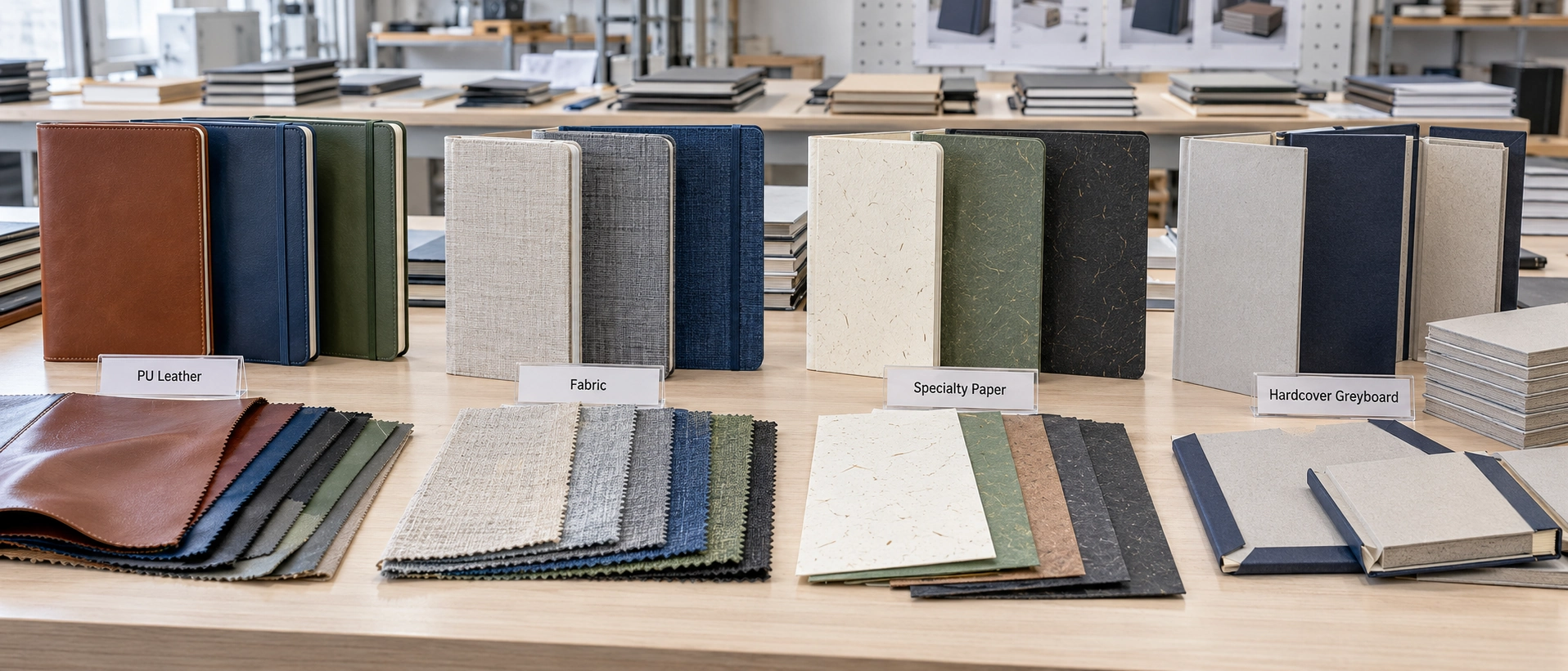 Various custom notebook cover materials including PU leather, fabric, specialty paper, and hardcover greyboard for B2B stationery manufacturing Various custom notebook cover materials including PU leather, fabric, specialty paper, and hardcover greyboard for B2B stationery manufacturing
